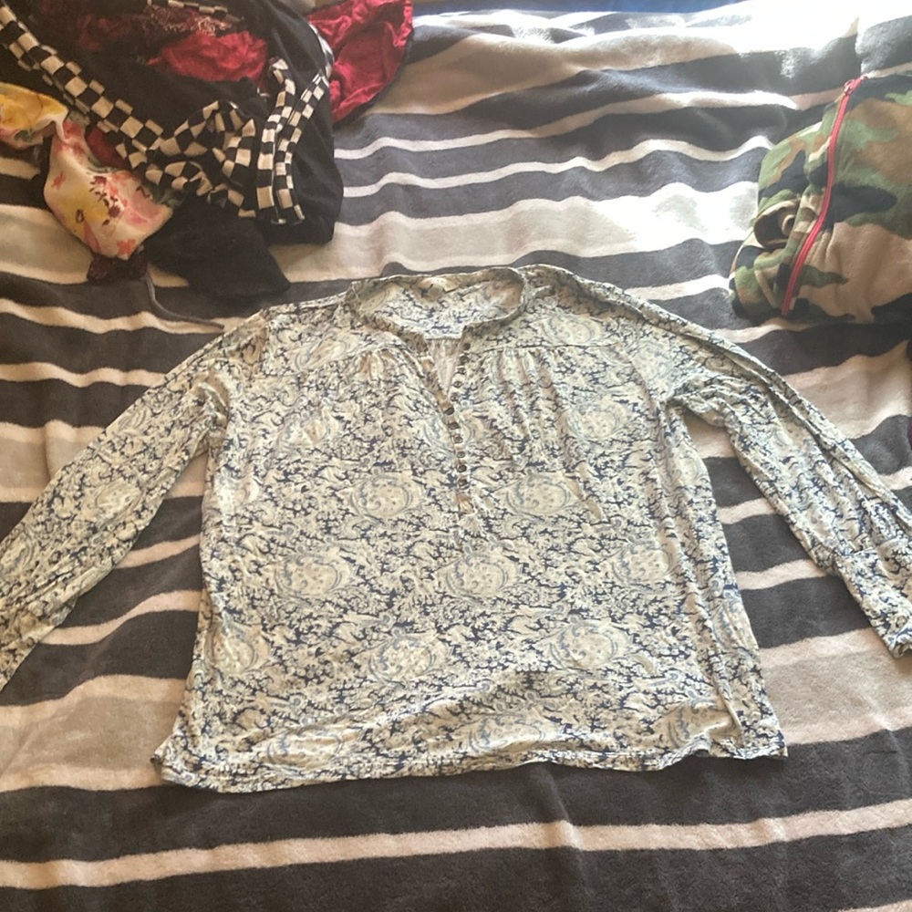 Lucky Brand White and Black Mandarin Collar Blouse